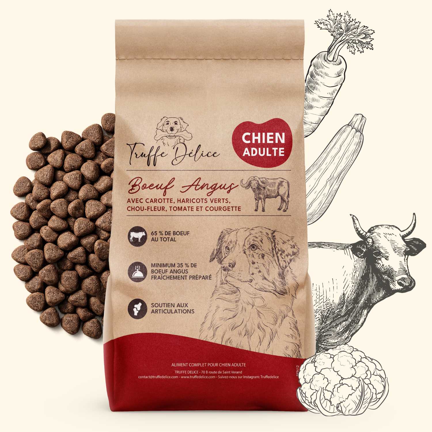 Croquettes sans céréales 65% Bœuf Angus - Chiens moyennes races