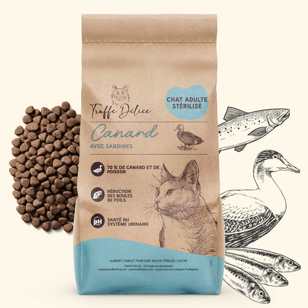 Croquettes chat adulte stérilisé au canard et sardines premium Truffe Délice pour système urinaire sain et contrôle du poids.