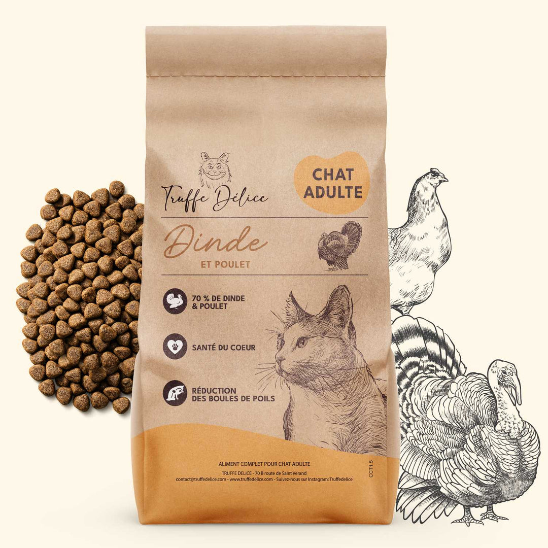 Croquettes chat adulte dinde et poulet premium Truffe Délice riches en protéines pour santé du cœur et réduction des boules de poils.