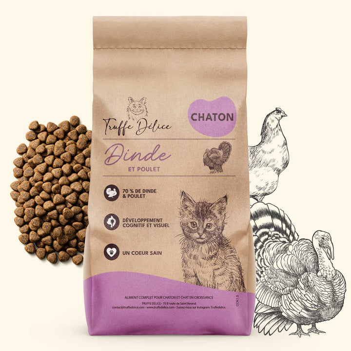 Croquettes chaton dinde et poulet premium Truffe Délice développement cognitif et croissance optimale.