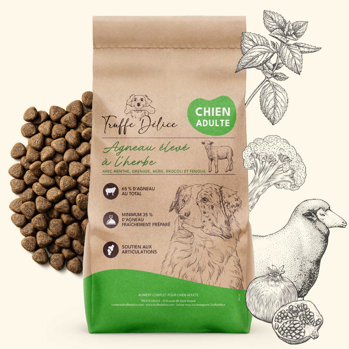 Croquettes chien adulte à l’agneau élevé à l’herbe premium Truffe Délice pour chiens sujets aux allergies et intolérances alimentaires.