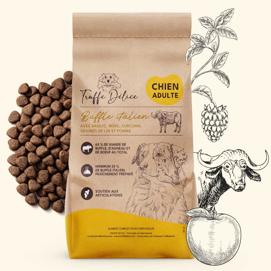 Croquettes chien adulte au buffle italien premium Truffe Délice recette riche en protéines et saveur intense naturelle.