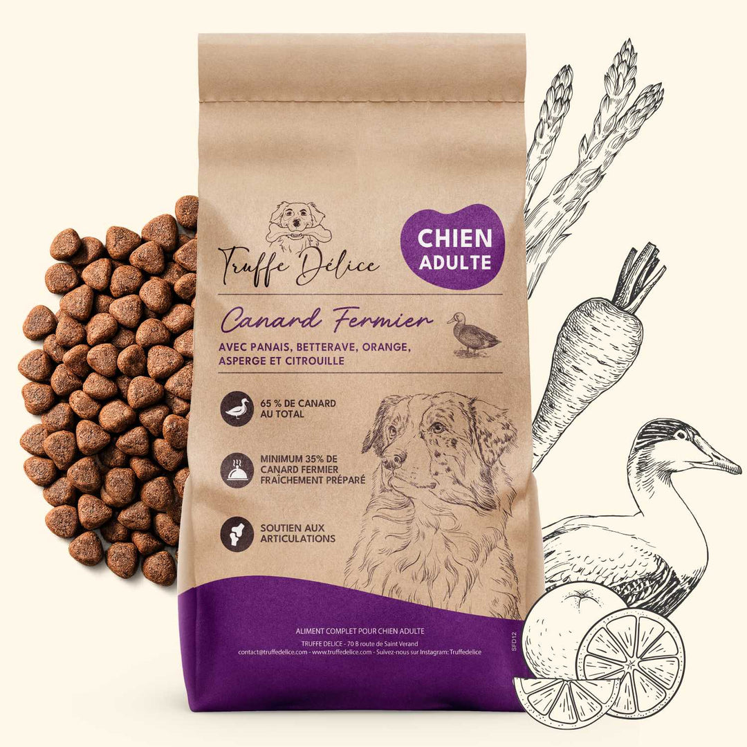 Croquettes chien adulte au canard fermier premium Truffe Délice riches en protéines pour chiens dynamiques et exigeants.