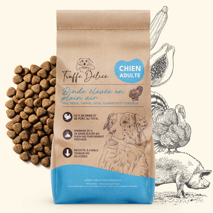 Croquettes chien adulte dinde et cochon élevés en plein air premium Truffe Délice 41 % protéines et faible teneur en glucides.