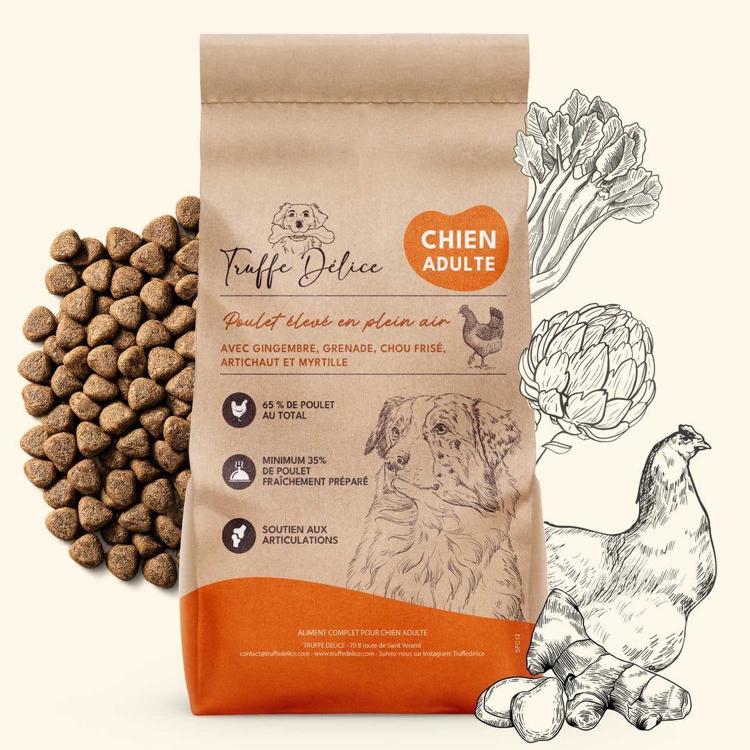 Croquettes chien adulte au poulet élevé en plein air premium Truffe Délice protéines maigres hautement digestes pour digestion sensible.