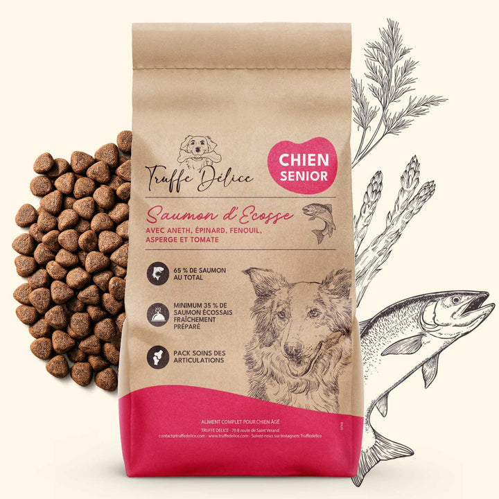 Croquettes chien senior au saumon d’Écosse premium Truffe Délice riches en oméga-3 pour confort articulaire et mobilité des chiens âgés.