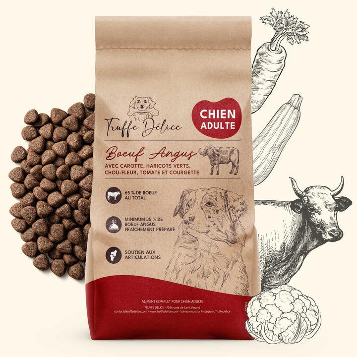 Croquettes chien adulte au bœuf Angus premium Truffe Délice riches en nutriments articulaires pour chiens actifs et sportifs.
