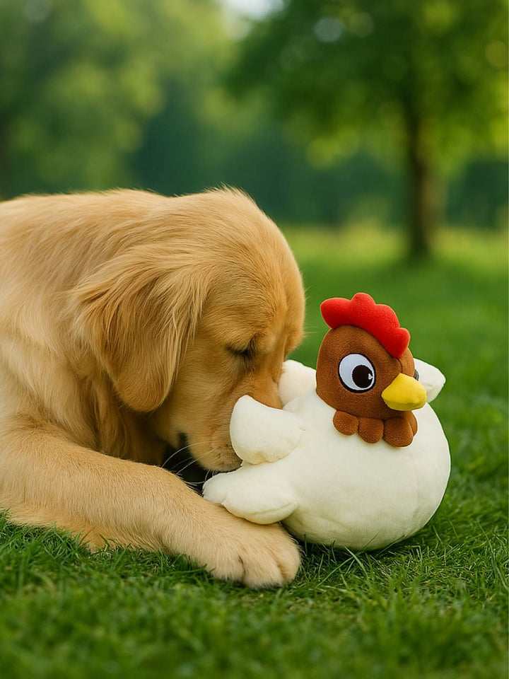 Peluche poule et ses oeufs cachés - #friandise_naturelle_pour_chien# - TRUFFE DÉLICE