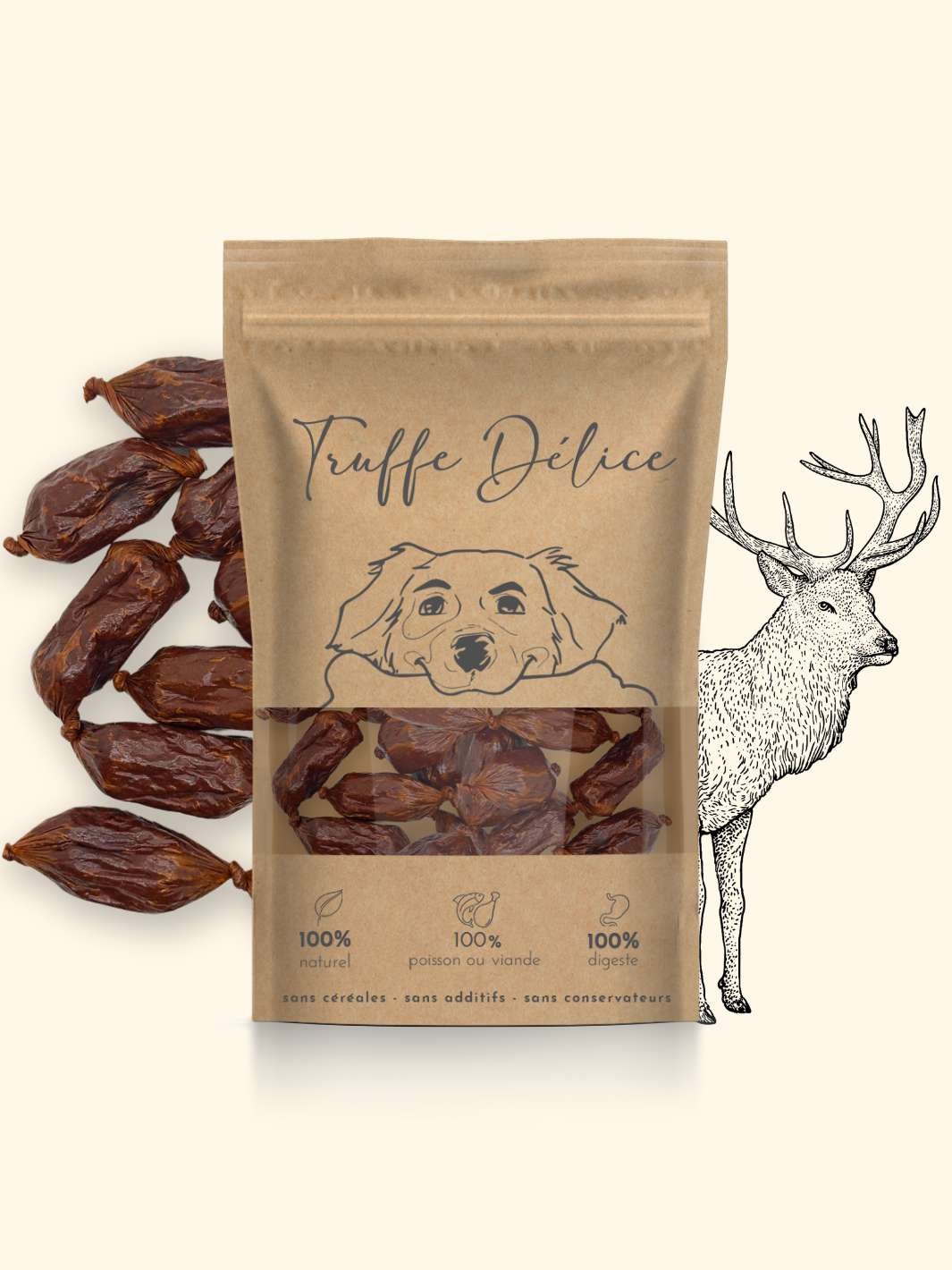 Saucisse chien cerf - friandise_naturelle_pour_chien - TRUFFE DÉLICE